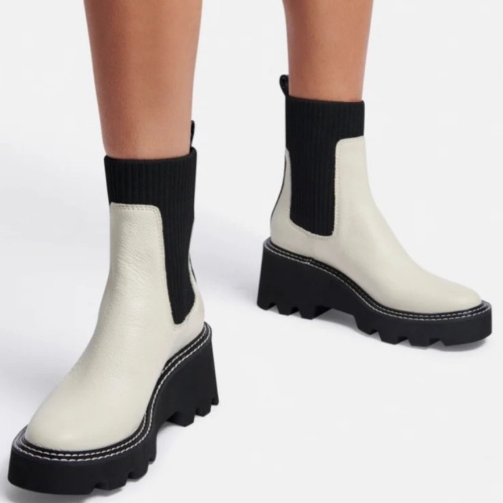 Dolce Vita Brody Boot 9 Women Lug Sole White Black Mid Calf Chelsea Edgy Pull On